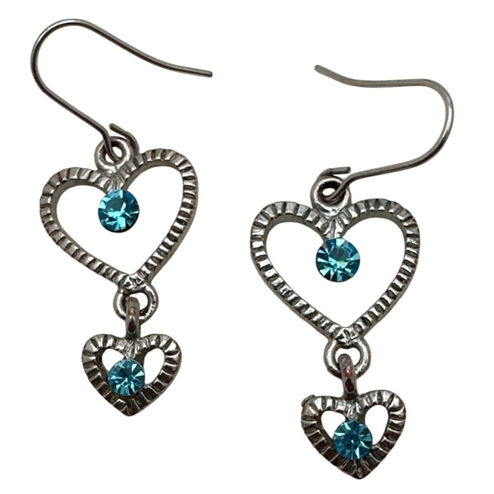Dainty Heart Dangle Earrings Sparkling Blue Rhinestone Sweet Romance Whimsy